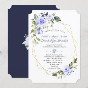 Watercolor Blue Flowers Gold Frame Wedding Invitation