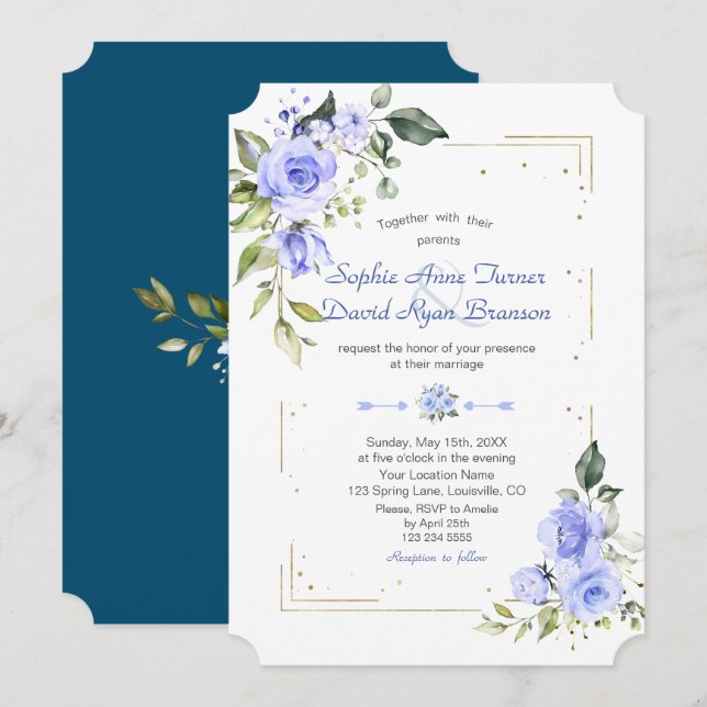 Watercolor Blue Flowers Gold Glitter Wedding Invitation (Front/Back)