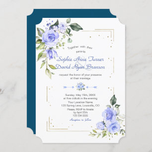 Watercolor Blue Flowers Gold Glitter Wedding Invitation