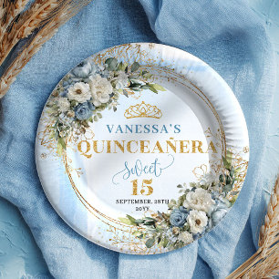 Watercolor Blue Flowers Gold Personalized Quince Paper Plate