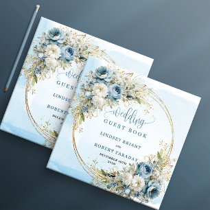 Watercolor Blue Flowers Gold Wedding Sign In Guest Book