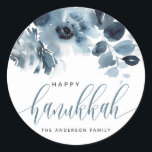 Watercolor Blue Flowers Happy Hanukkah Calligraphy Classic Round Sticker<br><div class="desc">Happy Hanukkah! Add a beautiful floral accent to your gifts,  cards and envelopes with these floral stickers. It features a watercolour pattern of blue flowers. The texts are fully editable for any event. Matching items are available.</div>
