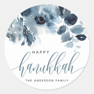 Watercolor Blue Flowers Happy Hanukkah Calligraphy Classic Round Sticker