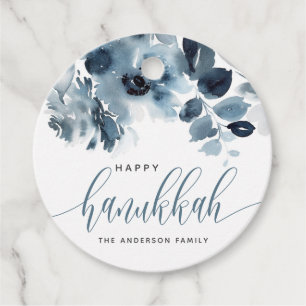 Watercolor Blue Flowers Happy Hanukkah Calligraphy Favour Tags