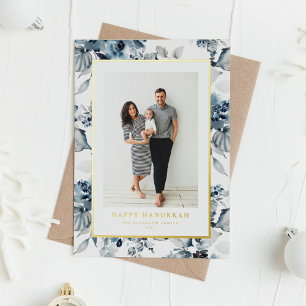 Watercolor Blue Flowers Happy Hanukkah Photo Foil Holiday Card