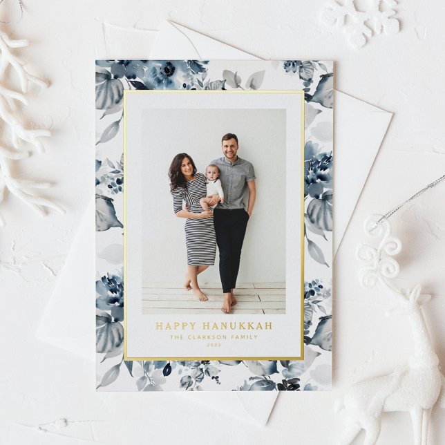 Watercolor Blue Flowers Happy Hanukkah Photo Foil Holiday Card (Creator Uploaded)