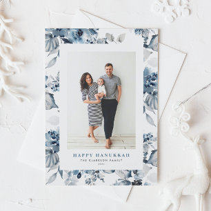 Watercolor Blue Flowers Happy Hanukkah Photo Holiday Card