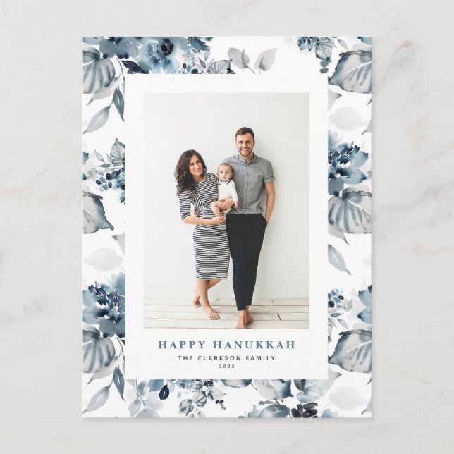 Watercolor Blue Flowers Happy Hanukkah Photo Holiday Postcard (Front)