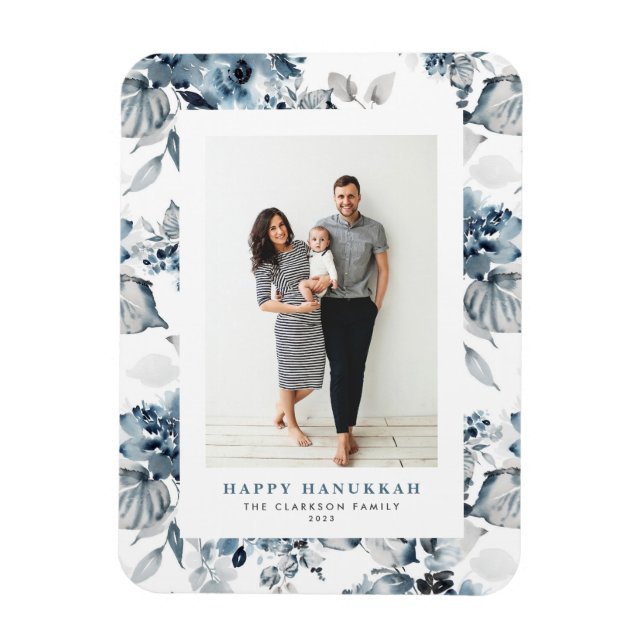 Watercolor Blue Flowers Happy Hanukkah Photo Magnet (Vertical)