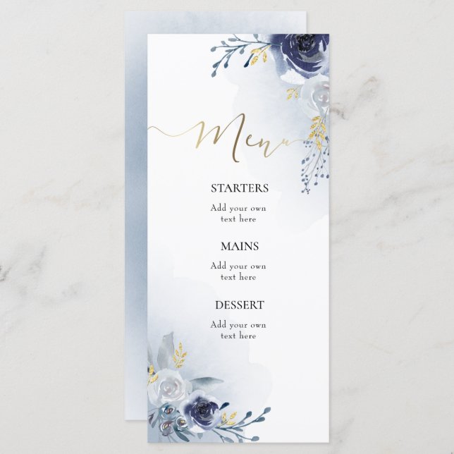 watercolor blue flowers Menu (Front/Back)