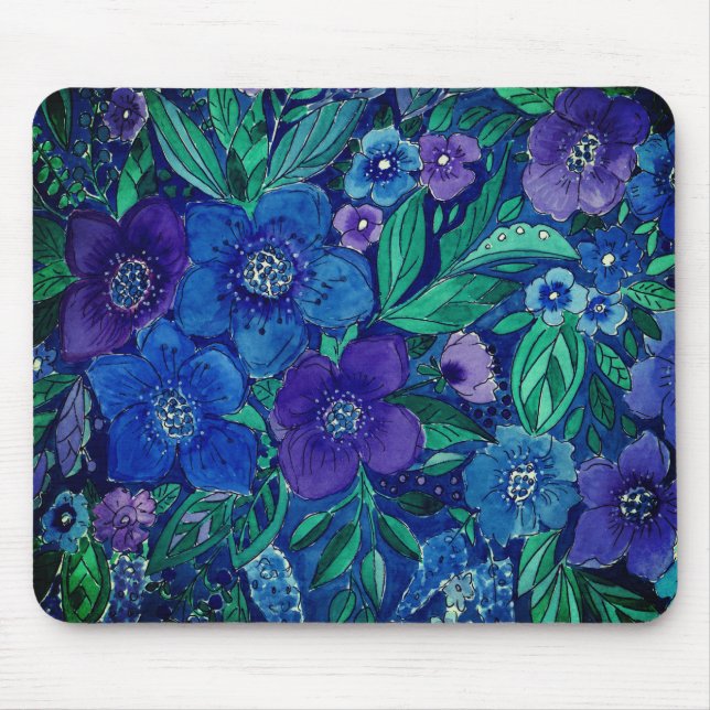 watercolor, blue flowers mouse pad (Front)