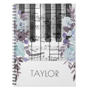 watercolor blue flowers music piano notebook