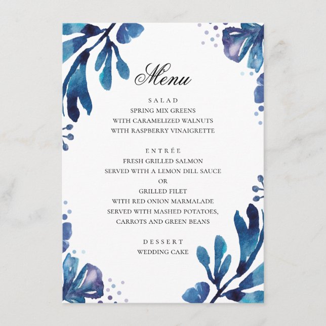 Watercolor blue flowers. Navy botanical wedding Menu (Front)