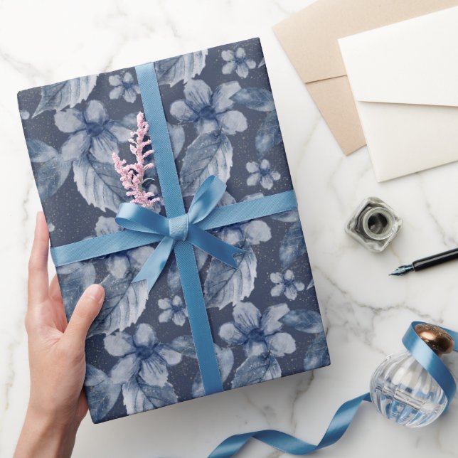 Watercolor Blue Flowers On a Blue Background  Wrapping Paper (Gifting)