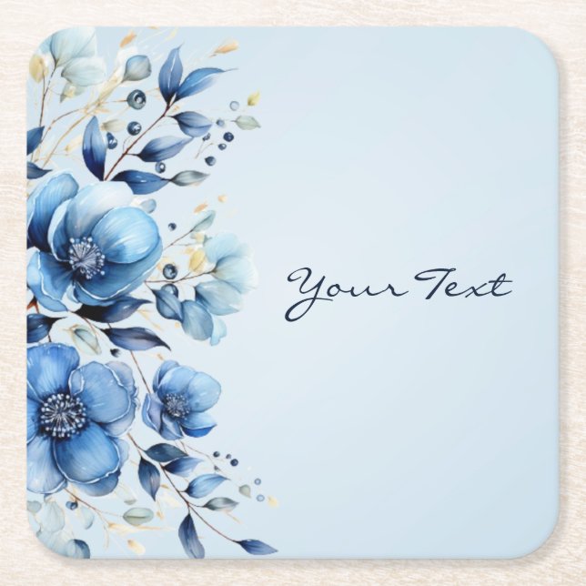Watercolor Blue Flowers Paper Coaster (Front)