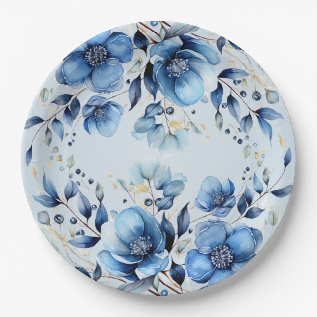 Watercolor Blue Flowers Paper Plate (Front)