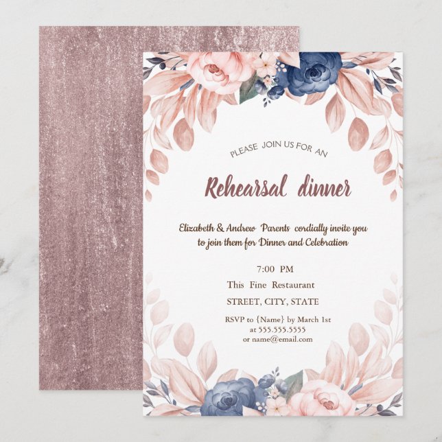 Watercolor Blue Flowers Rehearsal Dinner Invitation (Front/Back)