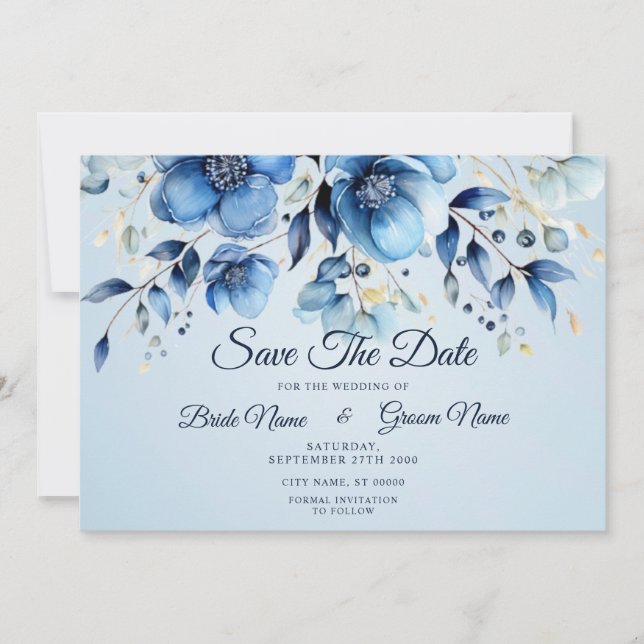 Watercolor Blue Flowers Save The Date (Front)