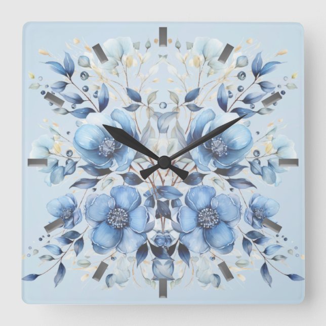 Watercolor Blue Flowers Wall Clock (Front)
