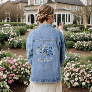 Watercolor Blue Flowers Wedding Denim Jacket
