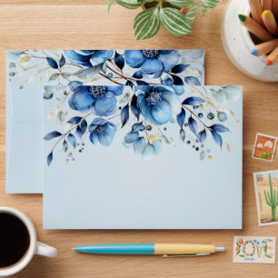 Watercolor Blue Flowers Wedding Envelope