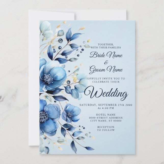 Watercolor Blue Flowers Wedding Invitation (Front)