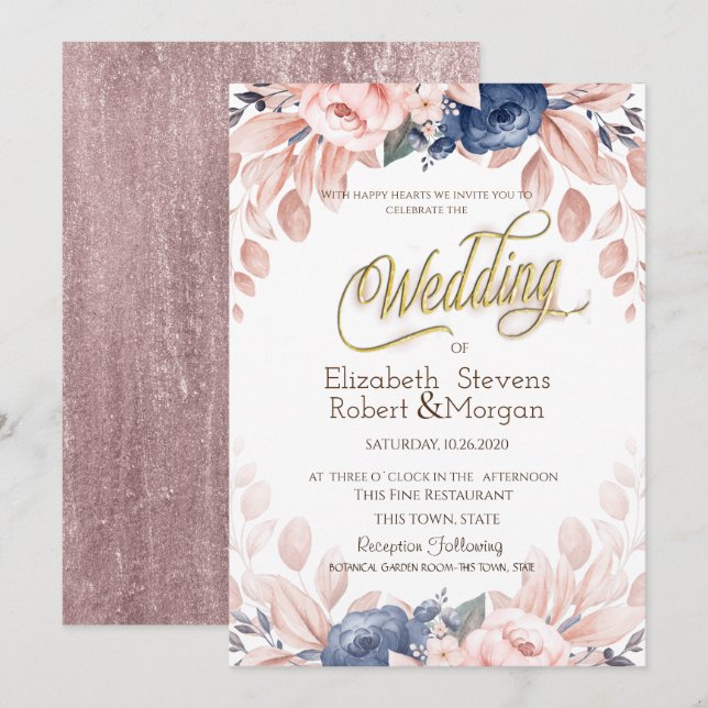 Watercolor Blue Flowers Wedding Invitation (Front/Back)