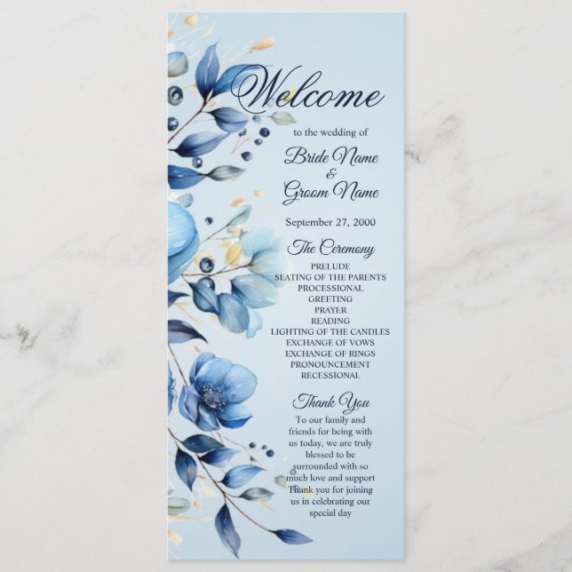 Watercolor Blue Flowers Wedding Program Programme (Front)