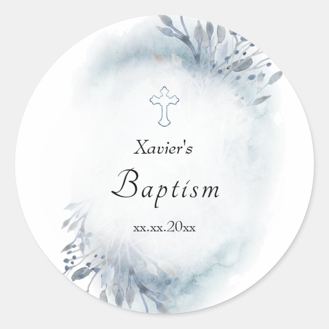 watercolor blue foliage | Baptism Classic Round Sticker (Front)