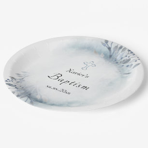 watercolor blue foliage Baptism Paper Plate