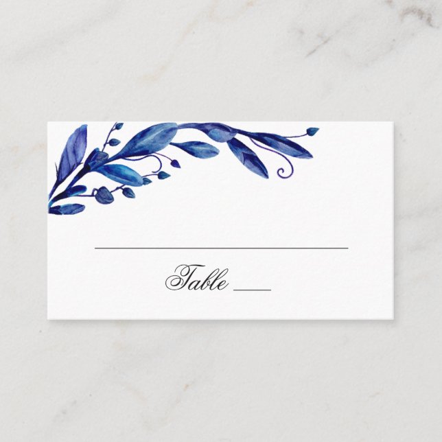 Watercolor blue foliage. Navy botanical wedding Place Card (Front)