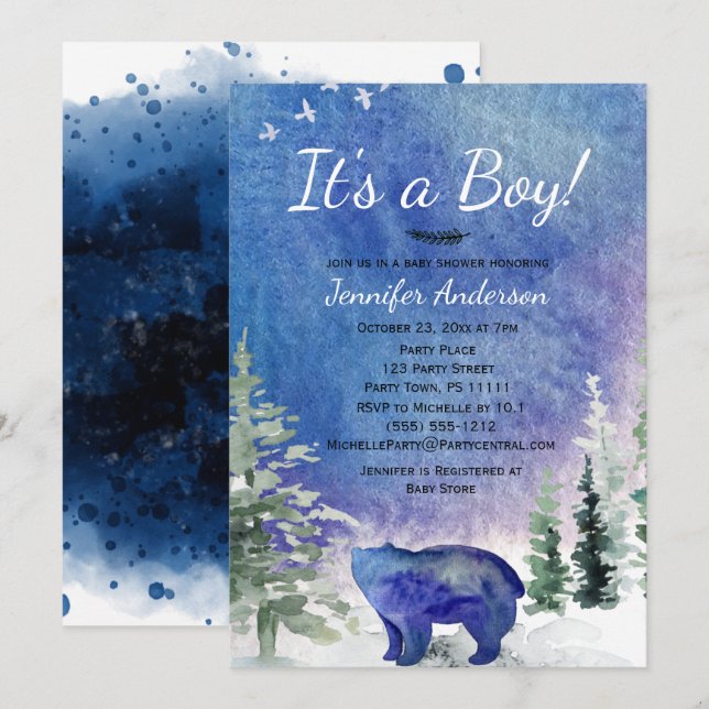 Watercolor Blue Forest Bear Boy Baby Shower Invitation (Front/Back)