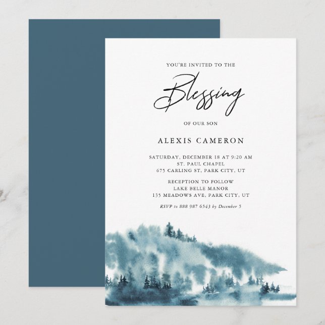 Watercolor Blue Forest Winter Baby Blessing Invitation (Front/Back)