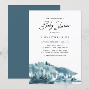Watercolor Blue Forest Winter Baby Shower Invitation