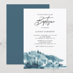 Watercolor Blue Forest Winter Baptism Invitation