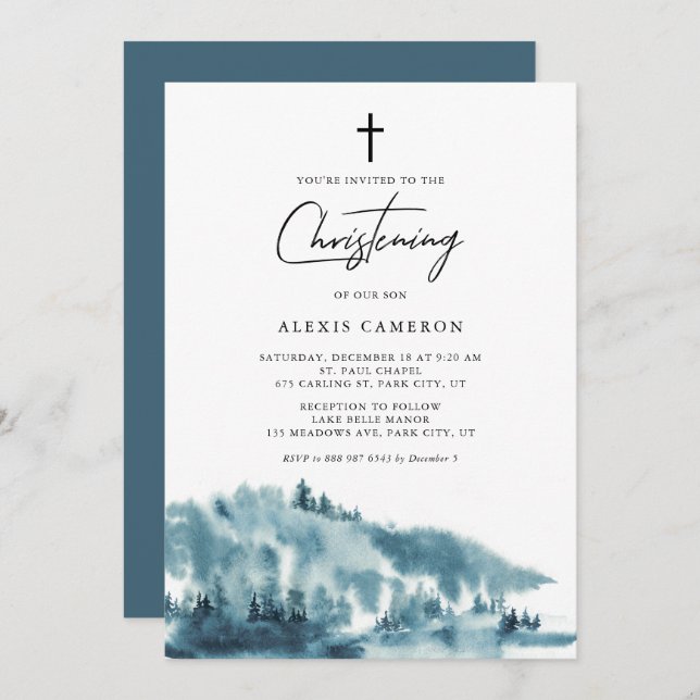 Watercolor Blue Forest Winter Christening Invitation (Front/Back)