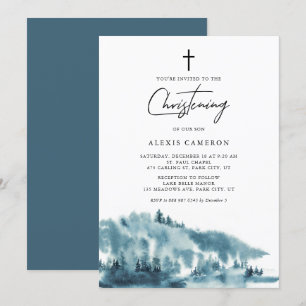 Watercolor Blue Forest Winter Christening Invitation