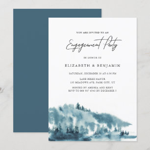 Watercolor Blue Forest Winter Engagement Party Invitation