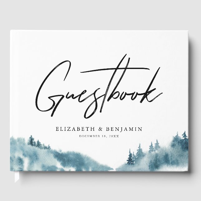 Watercolor Blue Forest Winter Wedding Guest Book (Front)