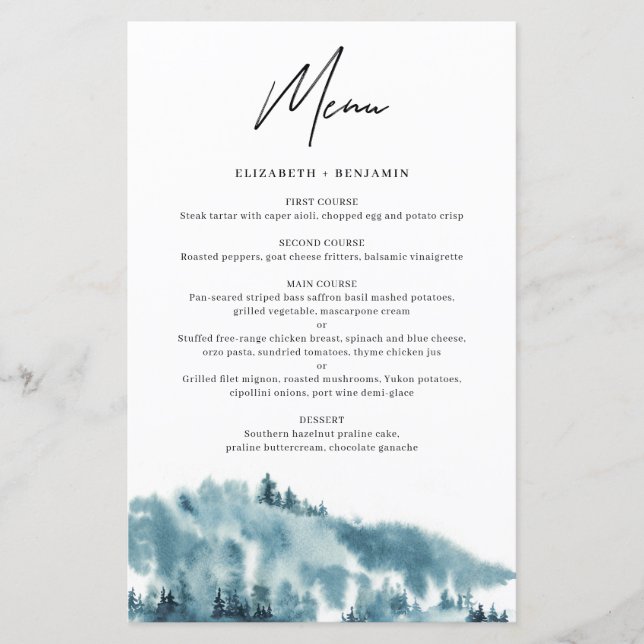 Watercolor Blue Forest Winter Wedding Menu Card (Front)