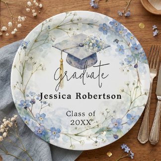 Watercolor Blue Forget Me Not Floral Graduation Paper Plate
