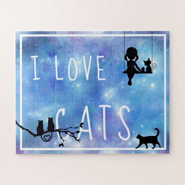 Watercolor Blue Galaxy Girl and Cats Jigsaw Puzzle (Horizontal)