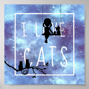 Watercolor Blue Galaxy Girl and Cats Poster