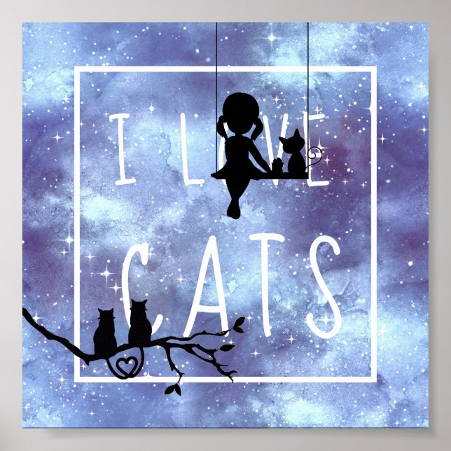 Watercolor Blue Galaxy Girl Cats Silhouette Room Poster (Front)