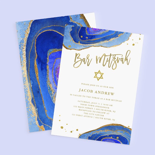 Watercolor Blue Geode with Gold | Bar Mitzvah Invitation (Creator Uploaded)