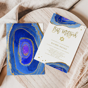 Watercolor Blue Geode with Gold Bat Mitzvah Invitation