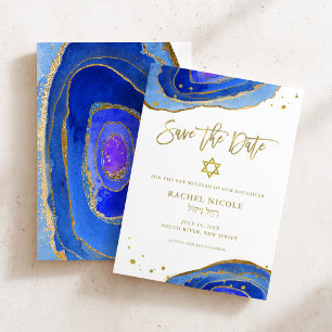 Watercolor Blue Geode with Gold Bat Mitzvah Save The Date