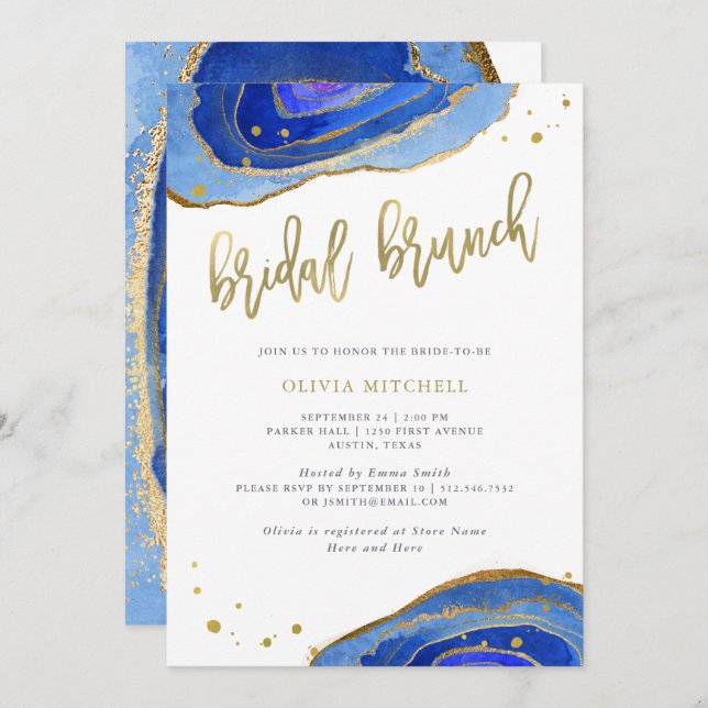Watercolor Blue Geode with Gold | Bridal Brunch Invitation (Front/Back)