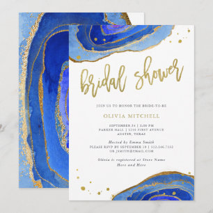 Watercolor Blue Geode with Gold Bridal Shower Invitation