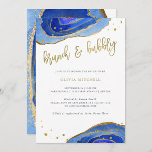 Watercolor Blue Geode with Gold Brunch and Bubbly Invitation